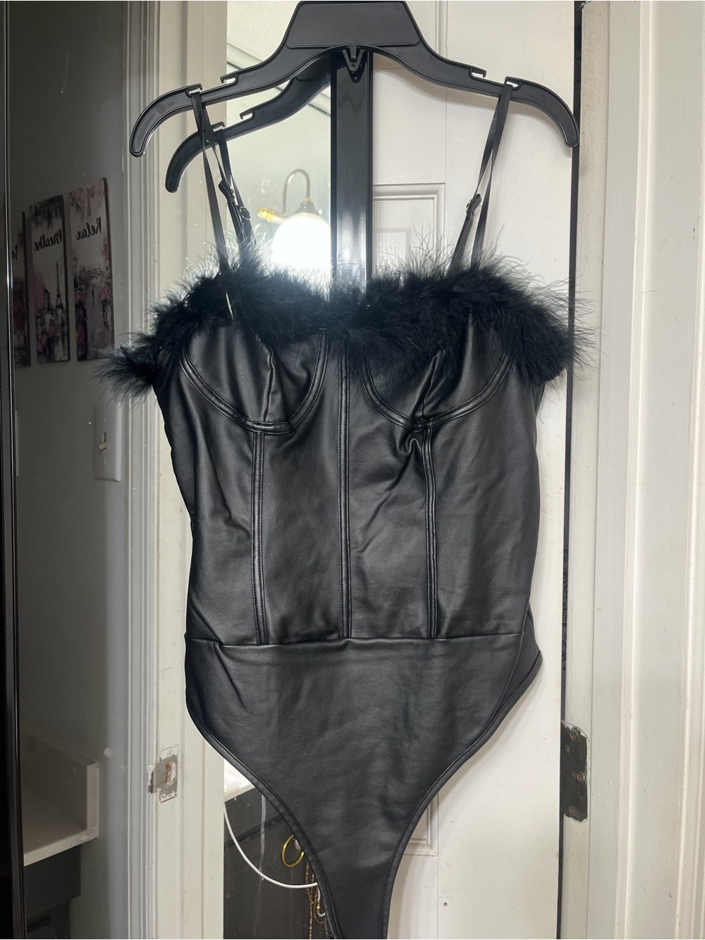 SHEIN Black Faux Leather Feather-Trim Bandeau Bodysuit